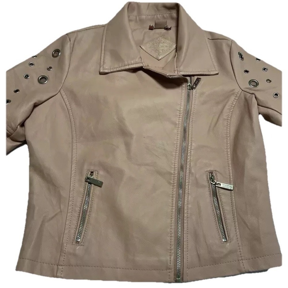 Jou Jou Womens Sz L Pink Faux Leather Motorcycle Moto Zip Jacket Whimsigoth